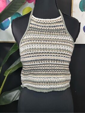 American Eagle Outfitters Striped Knit Halter Crop Top - Olive/Black/White